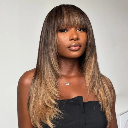 Brown Mix Blonde Highlight With Bang HD Lace Human Hair Wig Clearance Glueless Light Brown with Blond Highlights 22 Inch Wigs